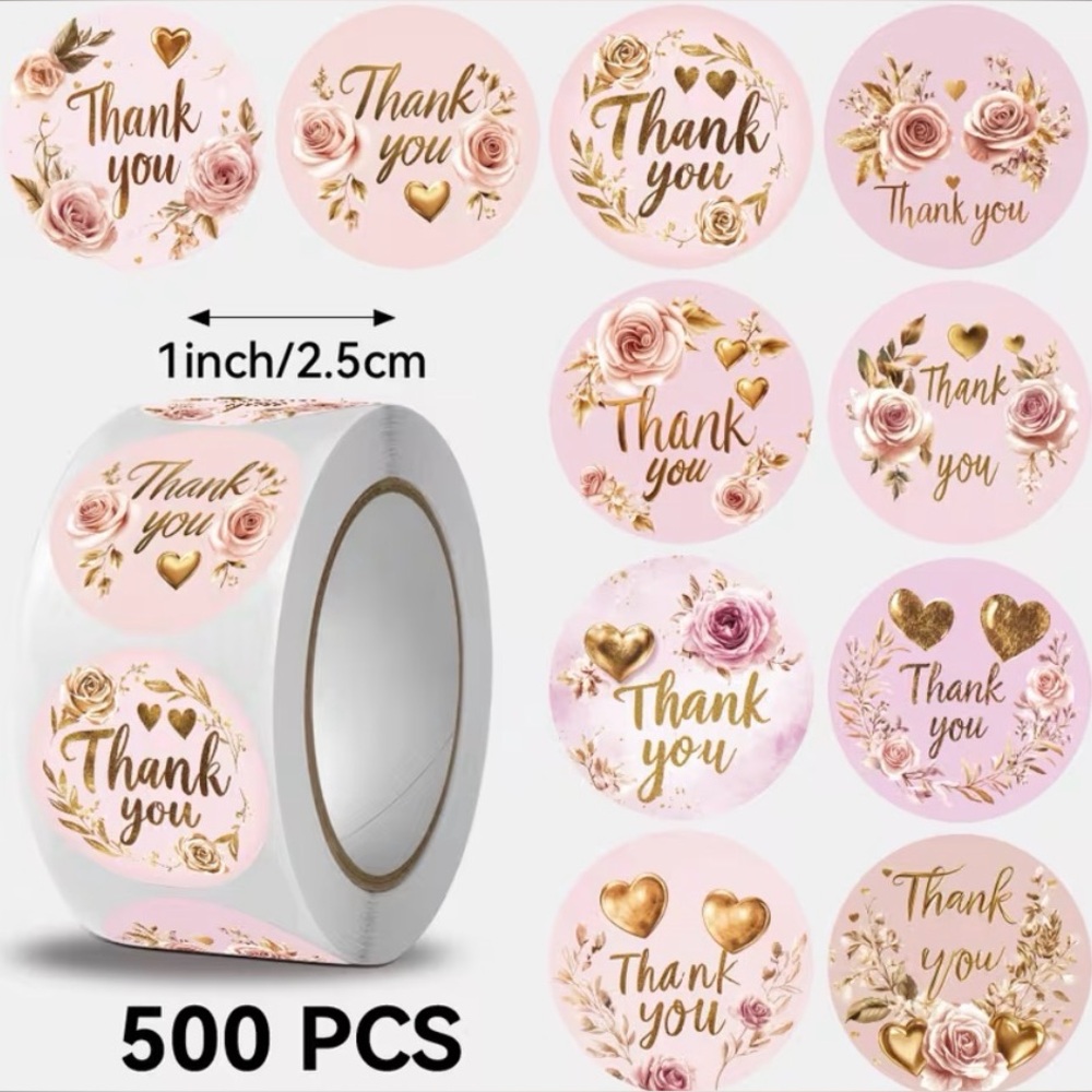 500 Pink Floral Thank You Stickers – 1” Round Packaging Labels